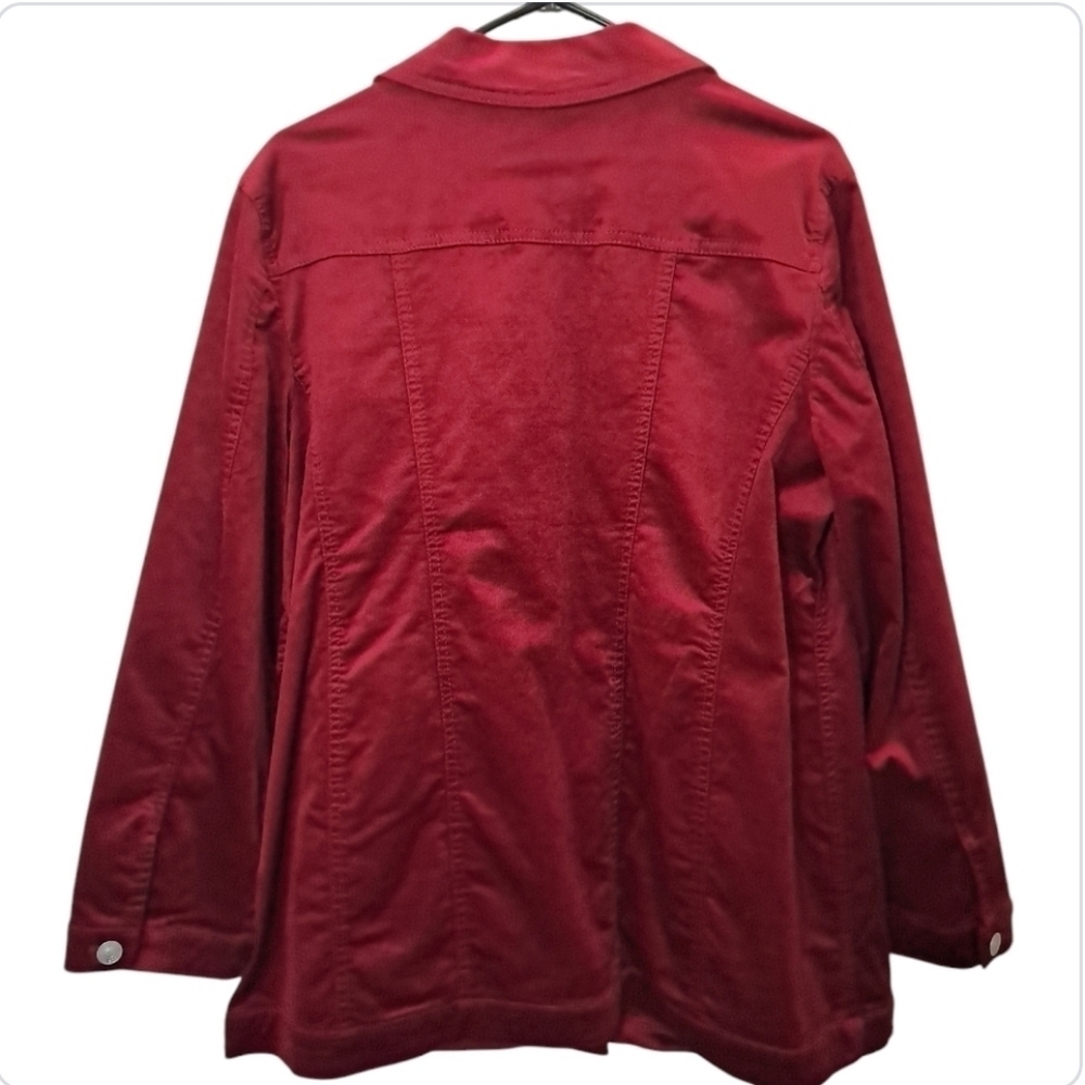 Chico's Elongated Velveteen Jacket Red Velvet Long Trucker Shacket Coat Size 2P - Picture 15 of 16